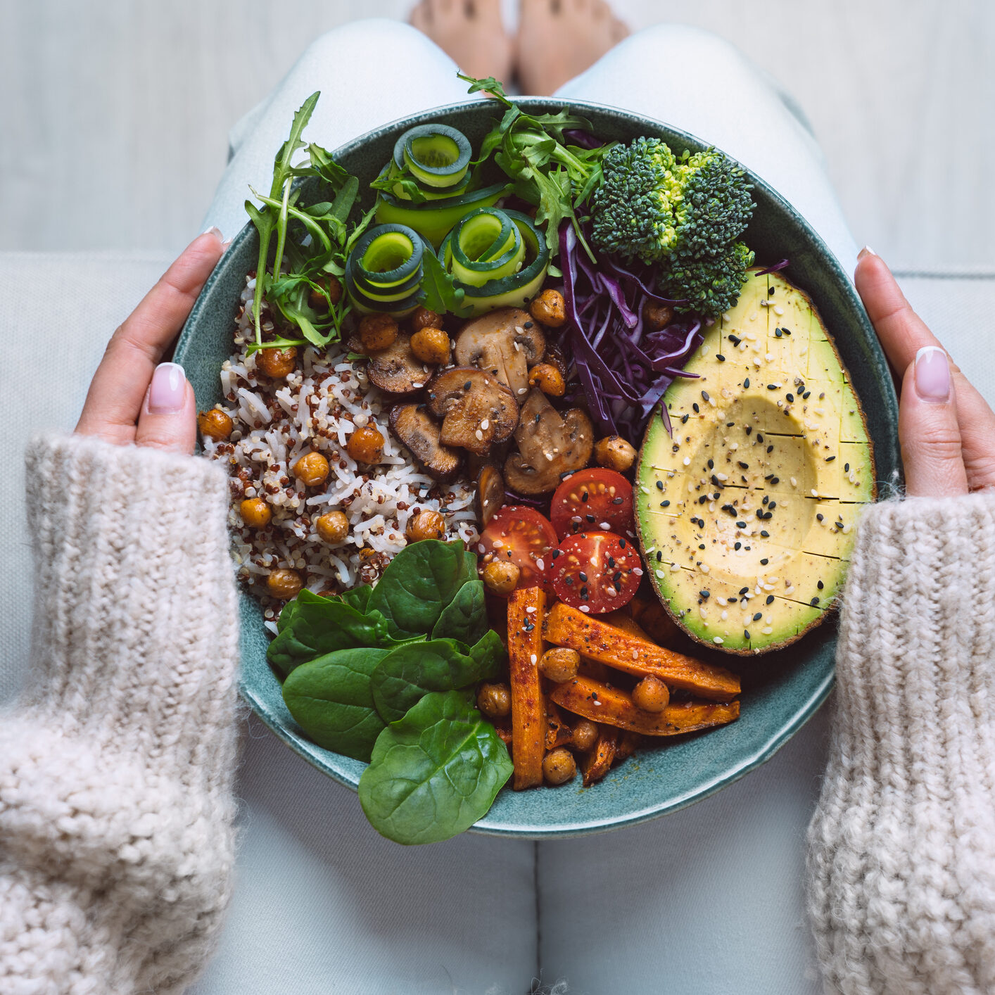 Healthy eating. Plate with vegan or vegetarian food. Healthy plant based diet. Healthy dinner. Buddha bowl with fresh vegetables. High quality photo